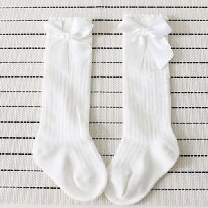 Boho Knee High White Ribbed Sock Satin Bowknot Baby Girl Wedding Accessory 9-12M